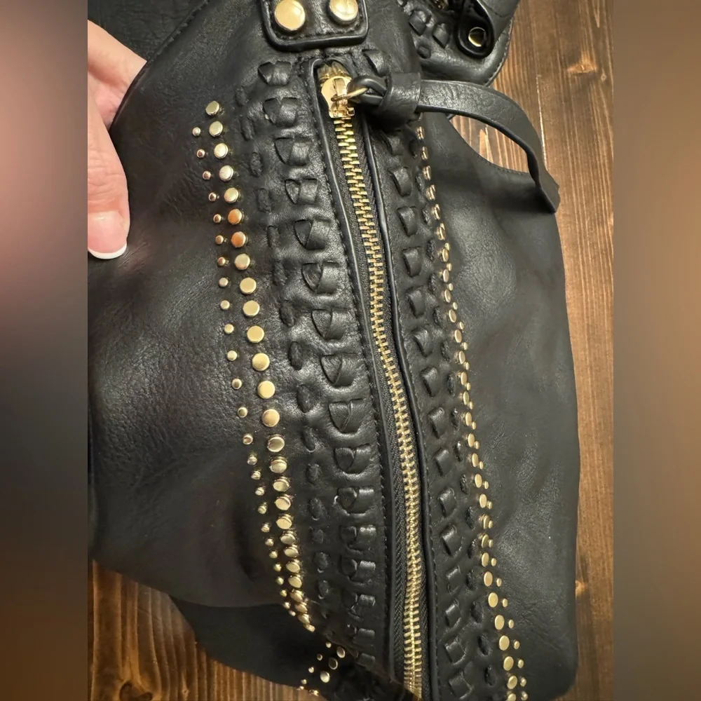 Moda‎ Luxe Large Black Studded Vegan Leather Hobo Bag with Whipstitch Trim